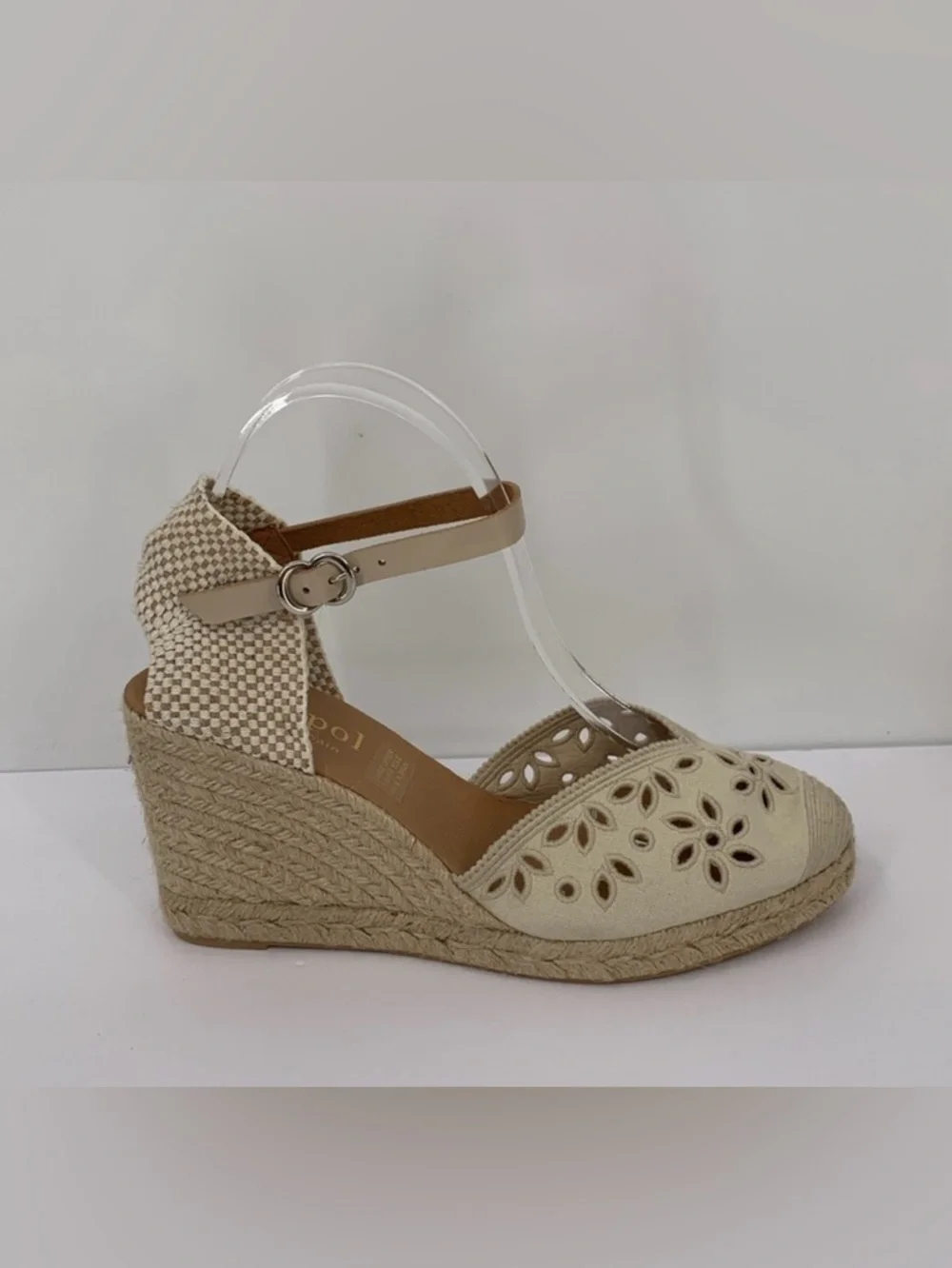 Maypol Espadrille shoe wedge platform eyelet floral tan brown Jute cut-out 41 10